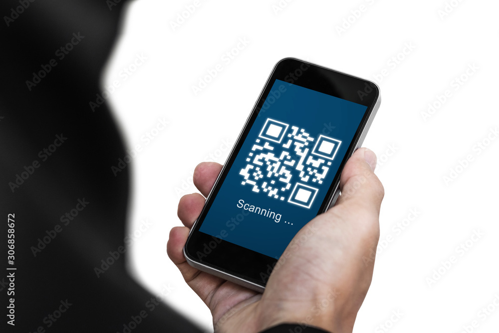 QR code scanning payment and verification. Businessman holding mobile smart phone scan QR code on screen QR code scanning payment and verification. Businessman holding mobile smart phone scan QR code on screen