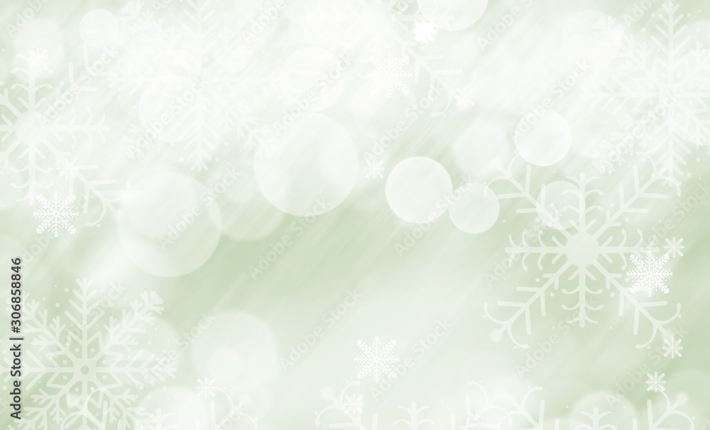 Green abstract background with snowflakes winter and bokeh white blurred beautiful shiny light, use illustration Christmas new year wallpaper backdrop and texture your product. Green abstract background with snowflakes winter and bokeh white blurred beautiful shiny light, use illustration Christmas new year wallpaper backdrop and texture your product.
