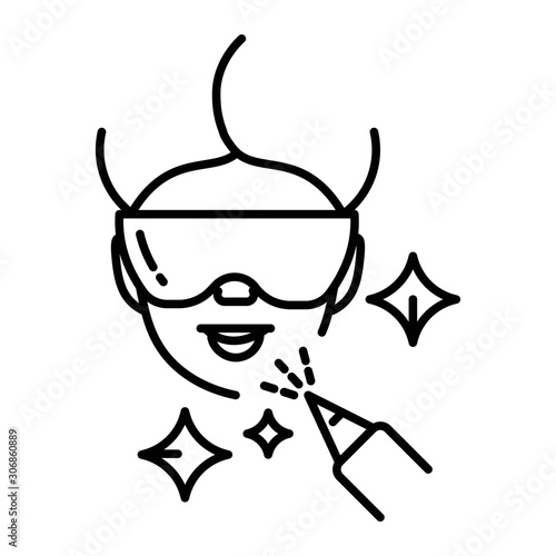 Laser facial hair removal isolated line icon, woman in goggles