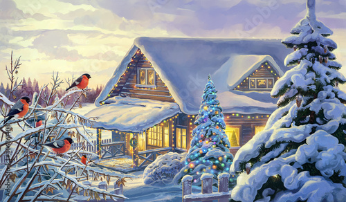 Winter rural landscape with festive Christmas fir tree and bullfinches.