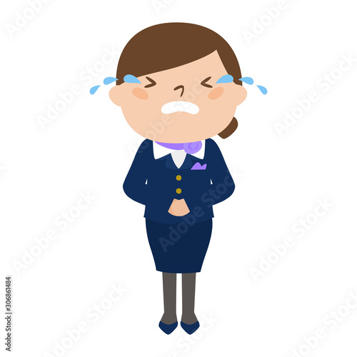 職種のイラスト。女性の客室乗務員。涙を流して、泣いている女性。