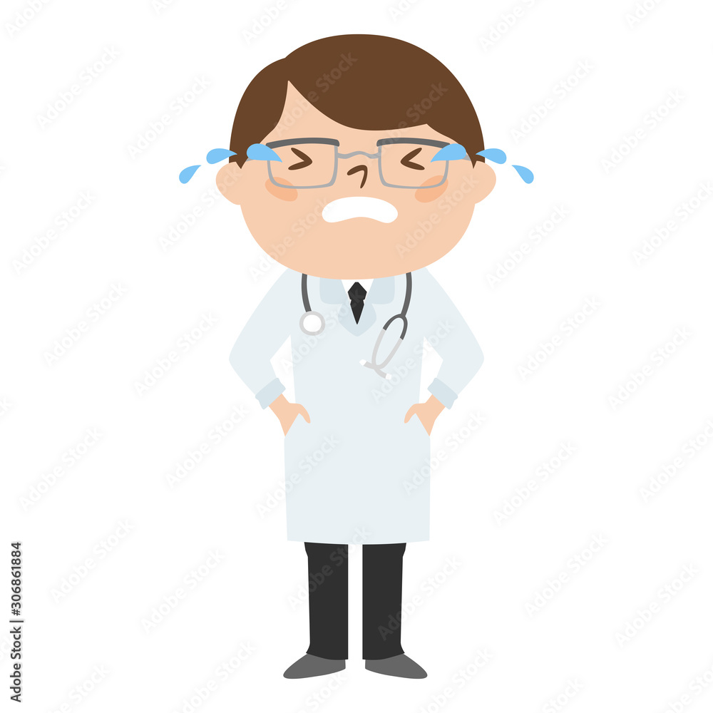 職種のイラスト。男性の医者。涙を流して、泣いている男性。 職種のイラスト。男性の医者。涙を流して、泣いている男性。