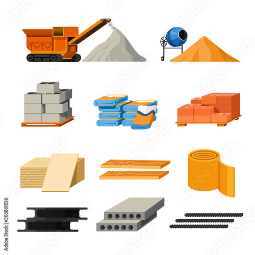 Materials for building and truck or concrete mixer isolated icons