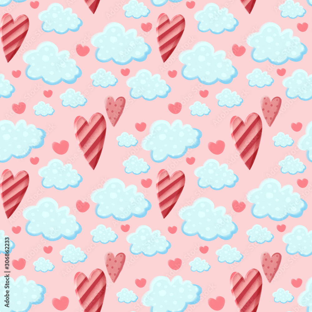 Cute seamless pattern with clouds and hearts on pink back