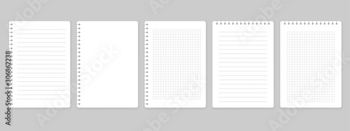 Notepads with empty lined and checkered paper. Set of notebooks sheets. Vector illustration