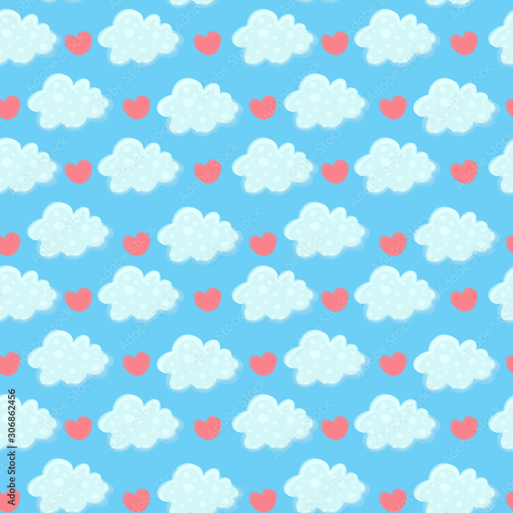 Cute seamless pattern with clouds and heart on blue back Cute seamless pattern with clouds and heart on blue back