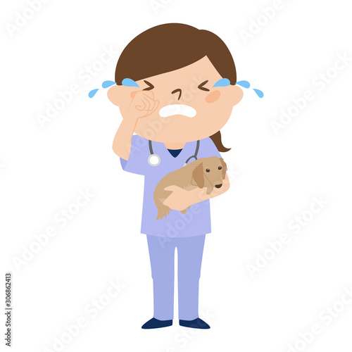 職種のイラスト。女性の獣医。涙を流して、泣いている女性。