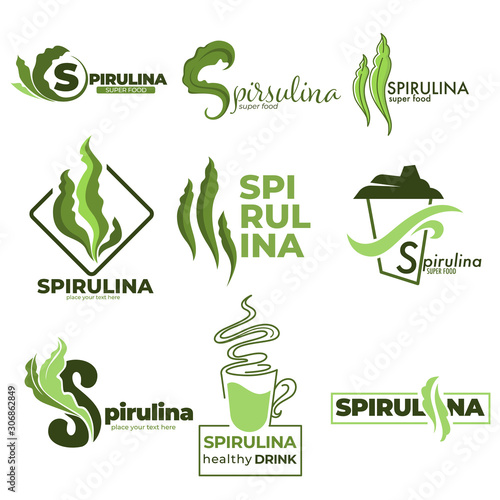 Superfood or detox nutrition, spirulina algae isolated icons