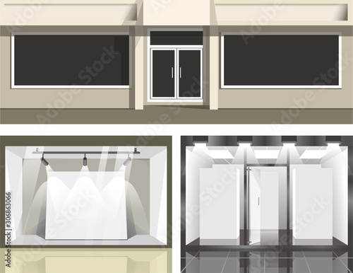 Shopping windows, glass showcase and podium for products, shop exterior