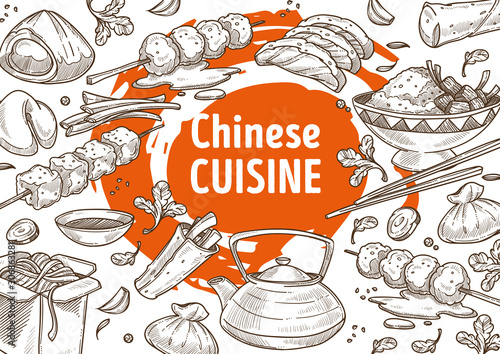 Chinese food restaurant, China cuisine menu sketches poster