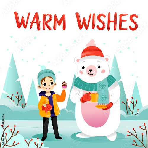 Cartoon Girl, Polar bear with hot tea and cupcake in the village, warm wishes text, Christmas season, winter holidays. Design for wrapping, fabric, print, postcard.
