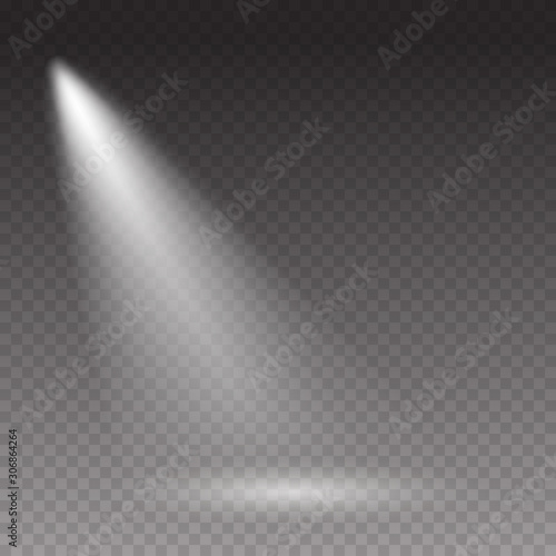 Projector light effect isolated on transparent background. Vector glow stage spotlight. Shine spot beam template.