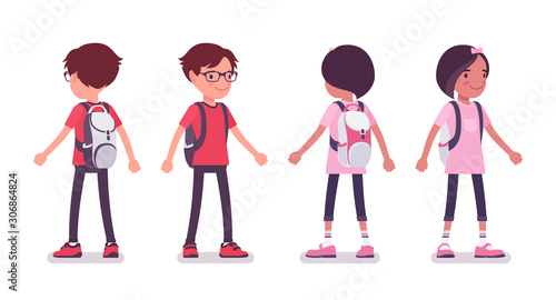 School boy, girl in casual wear standing. Cute small children with a rucksack, active young friend kids, smart elementary pupils aged between 7 and 9 years old. Vector flat style cartoon illustration