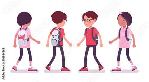 School boy, girl in casual wear walking. Cute small children with a rucksack, active young friend kids, smart elementary pupils aged between 7 and 9 years old. Vector flat style cartoon illustration