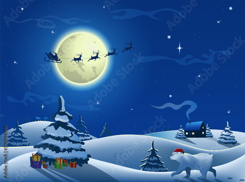 Christmas greeting card.  Santa Claus in a sleigh with reindeers flies on the background of the Moon and stars. White bear in Christmas hat walks towards the Christmas tree to pick up gifts, presents.