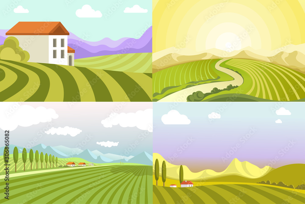 Landscapes of countryside, fields and cottage houses, rural valleys - obrazy, fototapety, plakaty 