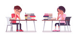 School boy, girl sitting at desk tired with study and home work. Cute small children, young friend kids, smart elementary pupils aged between 7 and 9 year old. Vector flat style cartoon illustration