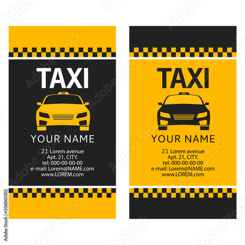Business card of the taxi. Service of a call of the cab car front view. Flat illustration vector.