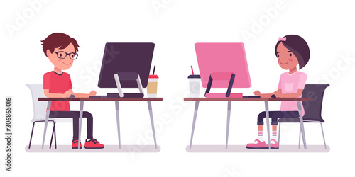 School boy, girl sitting at desk working with the computer. Cute small children, active young friend kids, smart elementary pupils aged between 7 and 9 year old. Vector flat style cartoon illustration