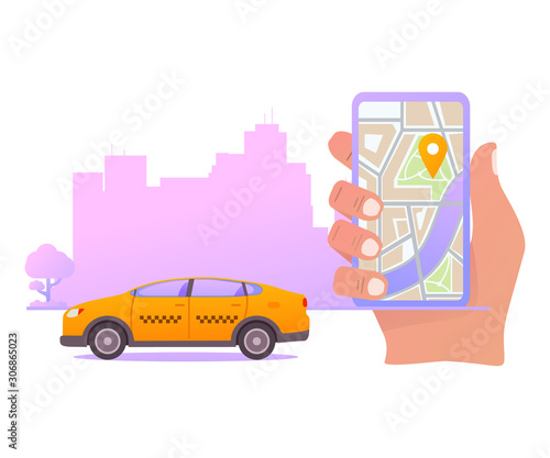 Online taxi order mobile application concept.Hand holding smart phone app on display map. Yellow cab city silhouette with skyscrapers.Flat illustration vector.