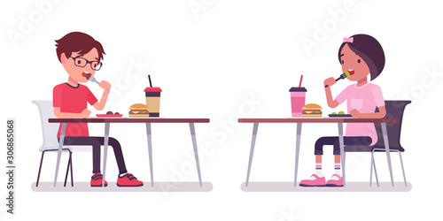 School boy, girl sitting at desk eating lunch in canteen. Cute small children, active young friend kids, smart elementary pupils aged between 7 and 9 year old. Vector flat style cartoon illustration