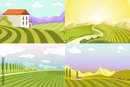 Landscapes of countryside, fields and cottage houses, rural valleys