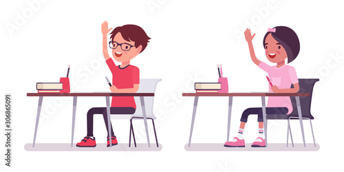 School boy, girl sitting at desk raising hand to answer. Cute small children, active young friend kids, smart elementary pupils aged between 7 and 9 year old. Vector flat style cartoon illustration