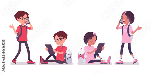 School boy, girl with gadgets, smartphone talk. Cute small children with rucksack, active young friend kids, smart elementary pupils age between 7, 9 year old. Vector flat style cartoon illustration