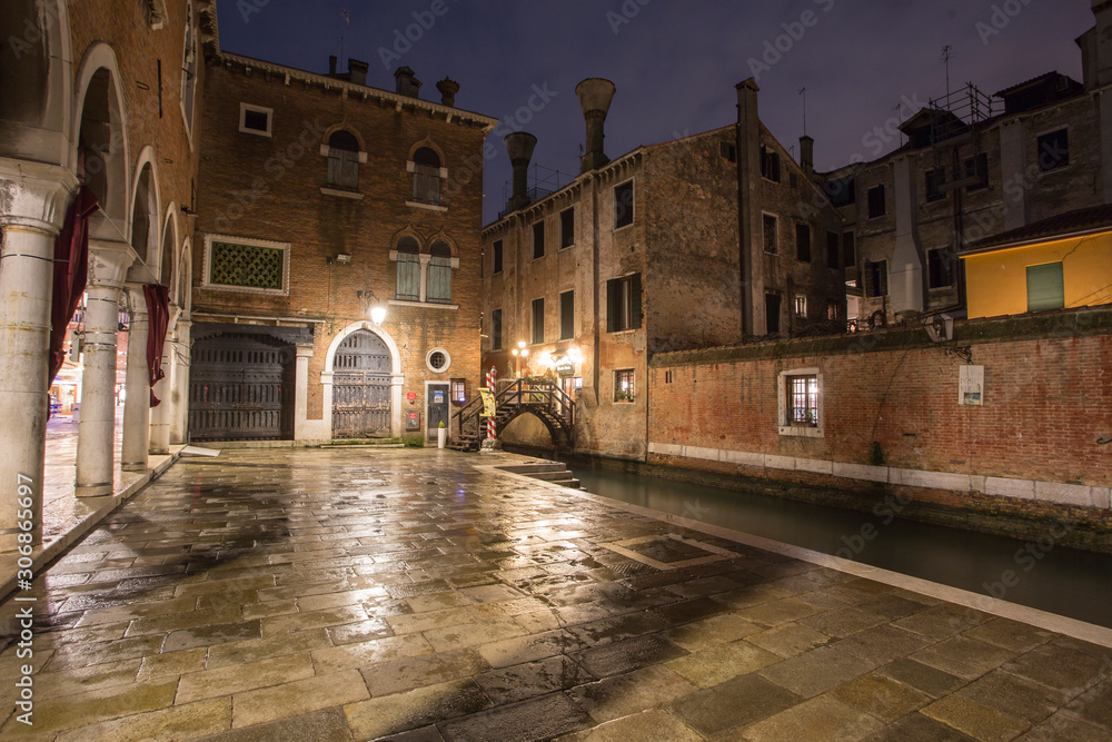 Venice Veneto Italy on January 19, 2019: Twilight in Grand Canal. Rialto market.