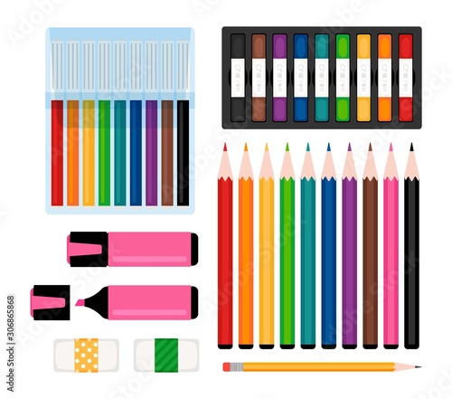 Art tools collection. Markers, color pencils and erasers, felt-tip pens and highlighter. Stationery vector illustration