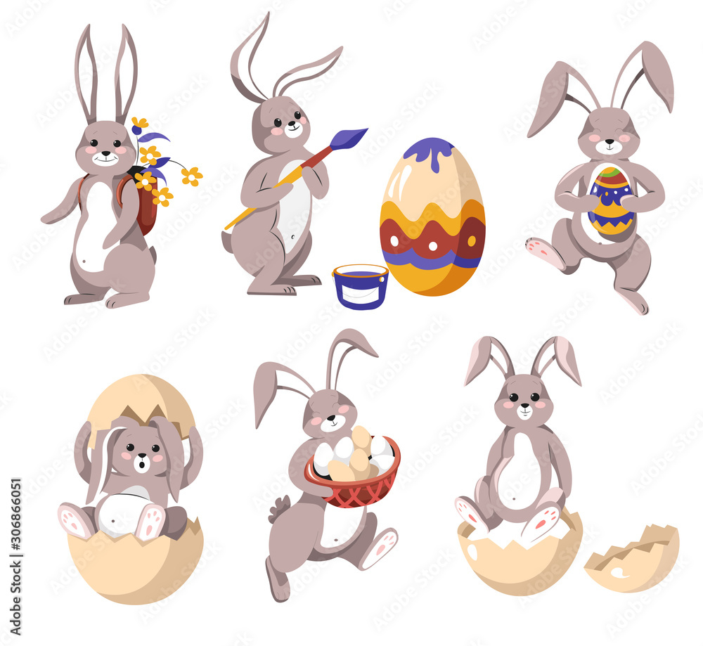 Easter bunny or rabbit with eggs and flowers isolated icons Easter bunny or rabbit with eggs and flowers isolated icons