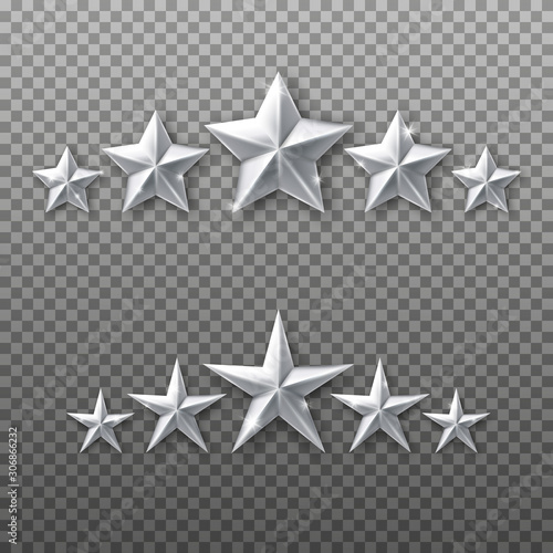 5 Silver stars rating set isolated on transparent background