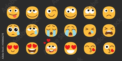 Emoji set. Joyful, sad and love emoticons. Yellow emotional faces. Vector smily symbols collection