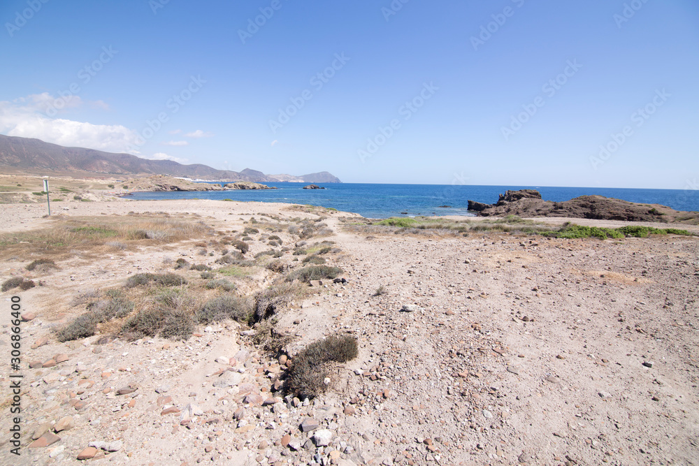 Volcanic landscape coast in Cabo de Gata natural park Almeria Andalusia Spain