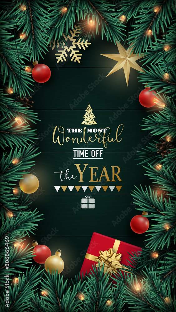 Festive vertical banner with pine branches, decorative baubles, gift box, stars and garlands. Christmas flat lay composition. Festive vertical banner with pine branches, decorative baubles, gift box, stars and garlands. Christmas flat lay composition.
