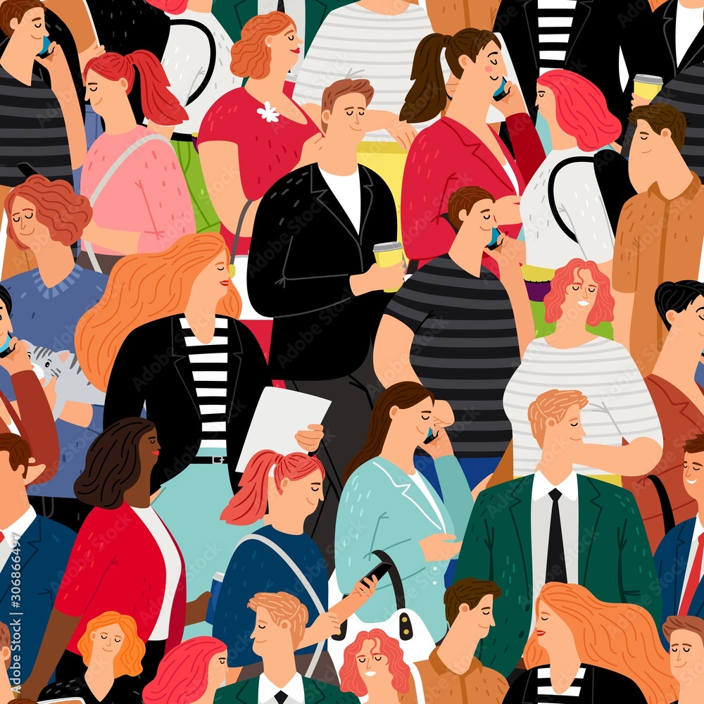 People crowd seamless pattern. Business men and women, teenagers characters vector background. Male and female walking, speak phones, smiling People crowd seamless pattern. Business men and women, teenagers characters vector background. Male and female walking, speak phones, smiling