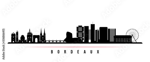 Bordeaux skyline horizontal banner. Black and white silhouette of Bordeaux, France. Vector template for your design.