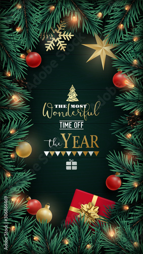 Festive vertical banner with pine branches, decorative baubles, gift box, stars and garlands. Christmas flat lay composition.