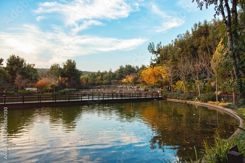 Wonderful natural park in autumn season with small lake