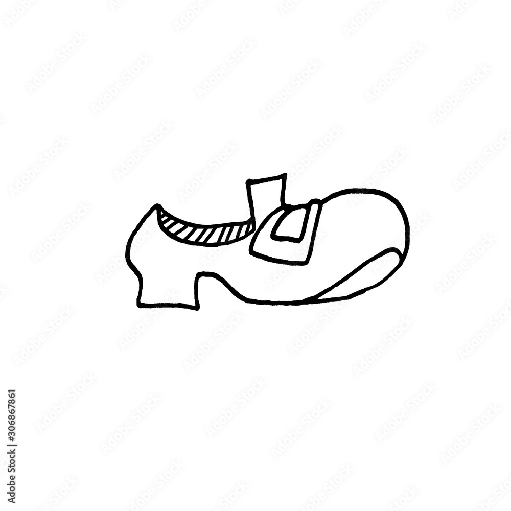 A hand drawn Shoe. Santa Claus boot. New year and Christmas outline, icon, doodle. Simple illustration for greeting cards, calendars, prints, children's coloring book