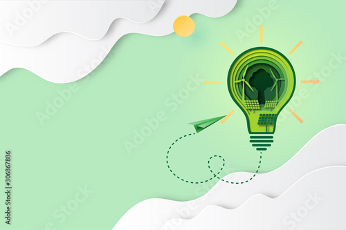 Paper art of green energy for ecology and environment conservation concept landing page website template background.Vector illustration.