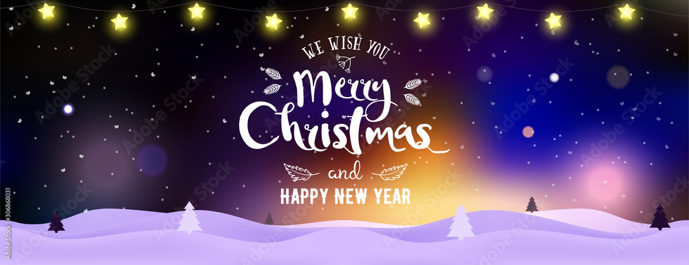 Christmas and New Year typographical on background with winter landscape with Northern Lights, snowflakes, light, stars and garland. Xmas banner. Celebrate party Poster, landing page, greeting card. Christmas and New Year typographical on background with winter landscape with Northern Lights, snowflakes, light, stars and garland. Xmas banner. Celebrate party Poster, landing page, greeting card.
