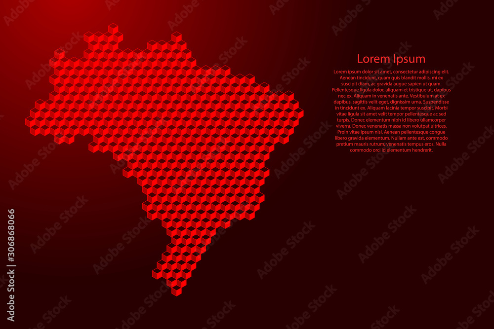 Brazil map from 3D red cubes isometric abstract concept, square pattern, angular geometric shape, for banner, poster. Vector illustration. Brazil map from 3D red cubes isometric abstract concept, square pattern, angular geometric shape, for banner, poster. Vector illustration.