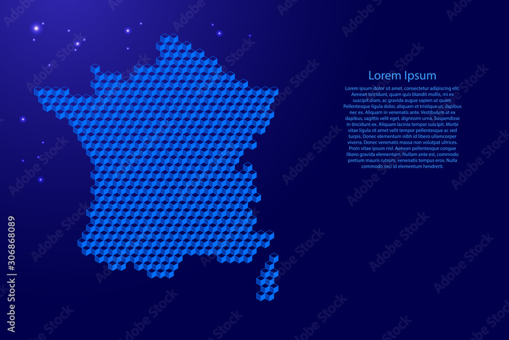 France map from 3D blue cubes isometric abstract concept, square pattern, angular geometric shape, glowing stars. Vector illustration.