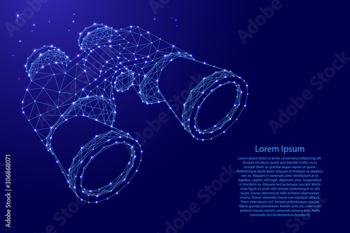 Binoculars, search concept from futuristic polygonal blue lines and glowing stars for banner, poster, greeting card. Vector illustration.