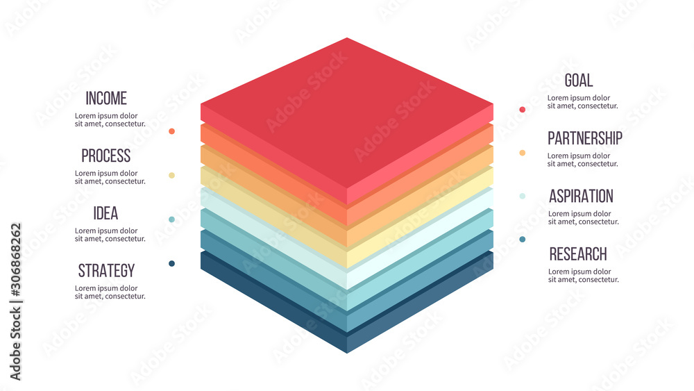 Business infographics. Chart with 8 steps, options, layers, levels