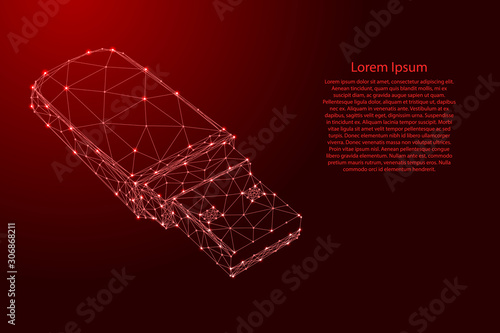 USB flash drive from futuristic polygonal red lines and glowing stars for banner, poster, greeting card. Vector illustration.