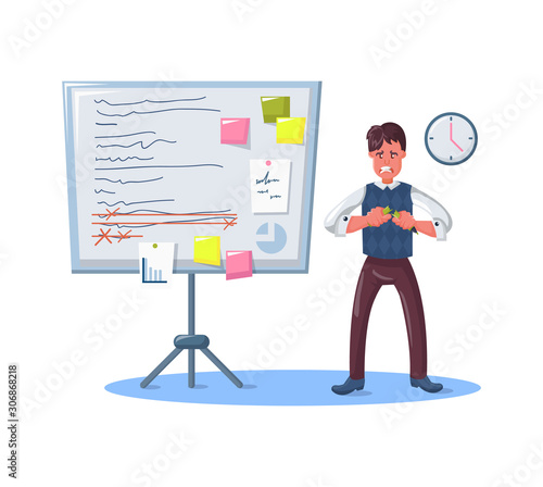 Angry male clerk stands near the stand with a work plan is coming deadline, stressful work, stress at workplace. Time management planning, overwork, stress, deadline concept vector