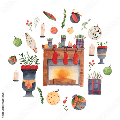 Christmas Fireplace watercolor illustration