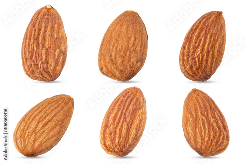Group of almonds nuts isolated on white background.